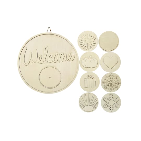18&#x22; Interchangeable Seasons Plywood Round Welcome Sign by Make Market&#xAE;